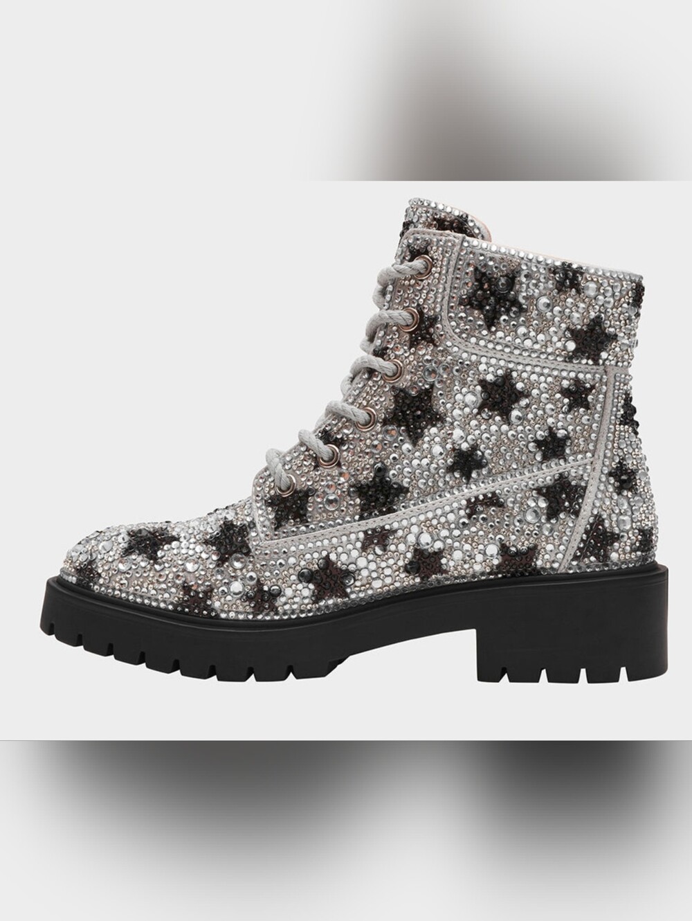 Betsey Johnson Silver and Black Rhinestone Star Lace-Up Combat Boots New in Box - Picture 4 of 7